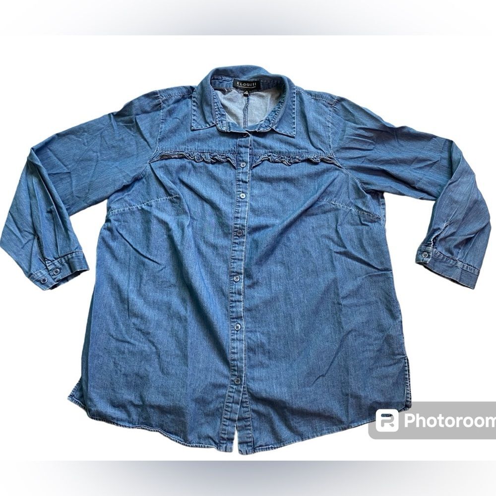 Eloquii Blue Chambray Denim Ruffle Chest Long Sleeve Button Down